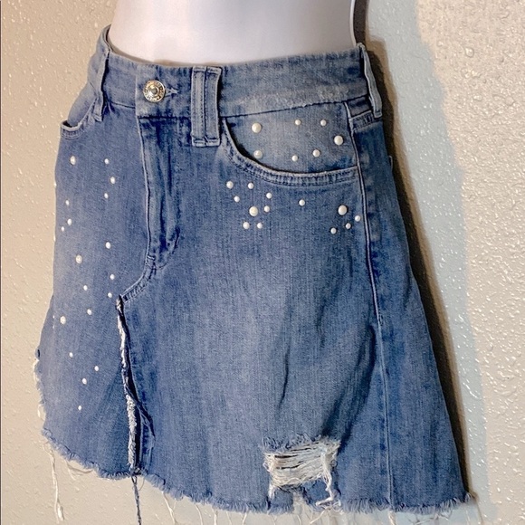 Guess Blue Asymmetrical Distressed Mini Skirt with Embellishments - Picture 4 of 7